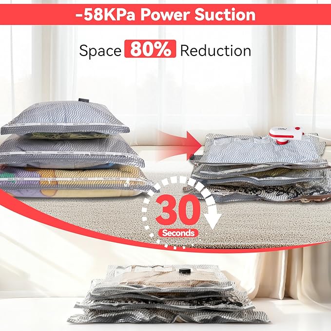 12 Pack Travel Vacuum Bags for Clothing with USB and TYPE C Pump, Compression Seal Packing Cubes for Luggage Suitcase Backpack, Carry-on Size Space Saver Storage Bags for Vacation Cruise（Red）