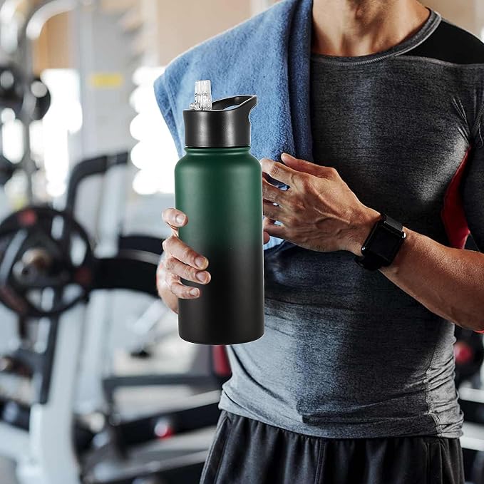 VEGOND 32 oz Insulated Water Bottle Bulk Stainless Steel Metal Water Bottles with Leak Proof Straw Lid & Spout Lid, Wide Mouth Double Walled Vacuum Travel Sports Bottle, 8 Pack