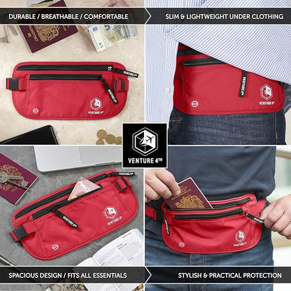 VENTURE 4TH Travel Money Belt - Slim Passport Holder RFID Blocking Travel Pouch to Protect Cash, Credit Cards and Travel Documents (Red)