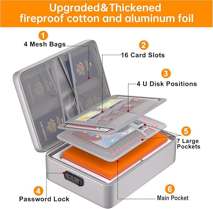 DocSafe 5200°F Document Organizer with Lock,Upgraded Heat Insulated Fireproof＆Waterproof Box 8 Layers File Organizer,Portable Home Travel Safe Storage for Important Documents, Files,Silver (Soft)