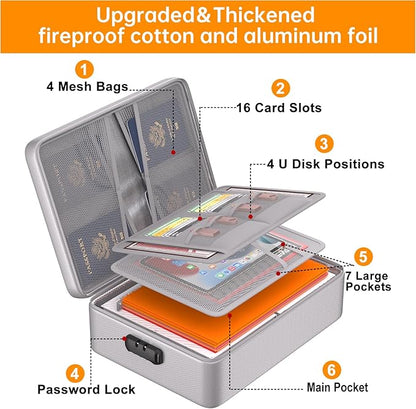 DocSafe 5200°F Document Organizer with Lock,Upgraded Heat Insulated Fireproof＆Waterproof Box 8 Layers File Organizer,Portable Home Travel Safe Storage for Important Documents, Files,Silver (Soft)
