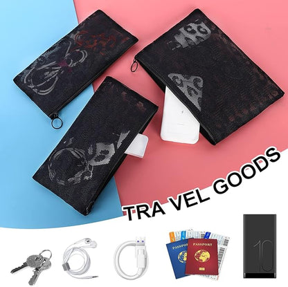 12 Pieces Zipper Nylon Mesh Pouch, Mesh Cosmetic Bags Makeup Bags Pencil Case, Multipurpose Travel Bags for Cosmetic School Office Supplies and Travel Accessories (Black Lace, Assorted Sizes)