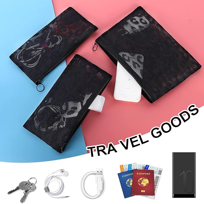 12 Pieces Zipper Nylon Mesh Pouch, Mesh Cosmetic Bags Makeup Bags Pencil Case, Multipurpose Travel Bags for Cosmetic School Office Supplies and Travel Accessories (Black Lace, A5)