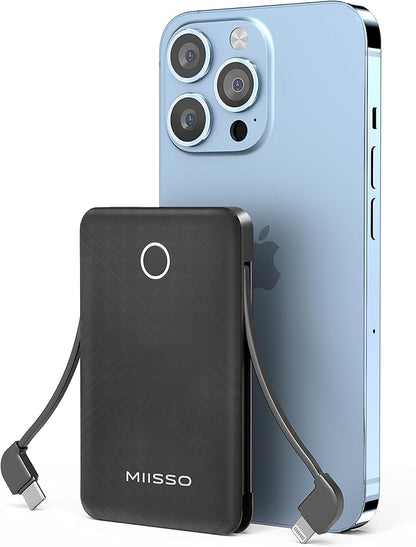 miisso 6000mah Ultra Slim Built in Cables Power Bank, Card Size Built in USB C Cords Battery Pack Portable Charger for Phones, 3 Output External Battery Pack Compatible with iPhone, Deep Black