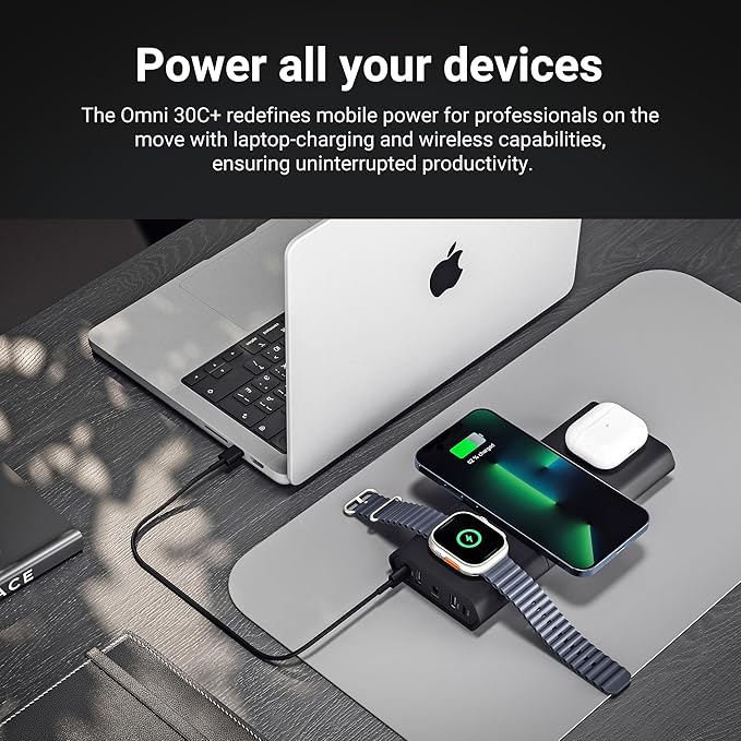 Omnicharge Omni 30C+ 25,400mAh/94Wh Professional Premium Portable Power Bank with 100W USB-C/DC/USB-A, Portable Charger with 3X Flexible Wireless Charging Plates for iPhone/airpods/iwatch