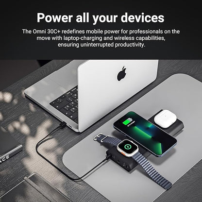 Omnicharge Omni 30C+ 25,400mAh/94Wh Professional Premium Portable Power Bank with 100W USB-C/DC/USB-A, Portable Charger with 3X Flexible Wireless Charging Plates for iPhone/airpods/iwatch