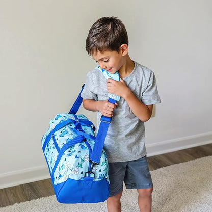 JumpOff Jo by Wildkin Overnighter Duffel Bag – Lightweight Travel Bag for Kids - Blue Dino