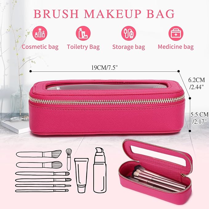 Pinkmik Makeup Brush Bag Slim Clear Makeup Bag Transparent Travel Cosmetic Case & Toiletry Bag with Zipper Small Beatuy Makeup Bag Purse Organizer for Women (X/Fuxia, SLIM)