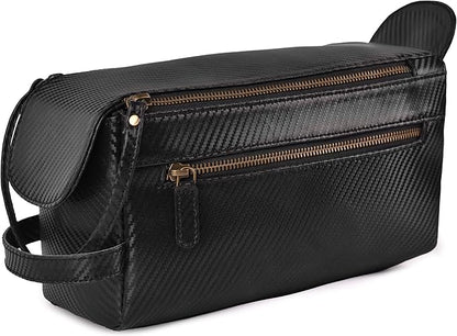 LEATHER VILLAGE Premium Carbon Fiber Genuine Leather Travel Toiletry Bag - Large Dopp Kit, Water-Resistance Bathroom & Shaving Organizer for Men & Women - Black
