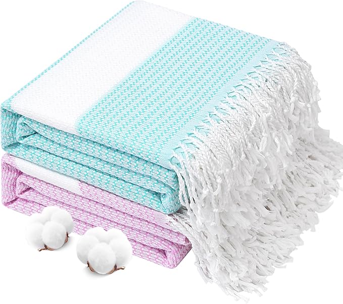 Genovega 2 Packs Oversized Turkish Beach Towels 74"x38" Thin Quick Dry Sand Free Pool Swim Bathing Towel Extra Large Blanket Adult Travel Essentials Accessories Summer Vacation LightGreen Purple Dot