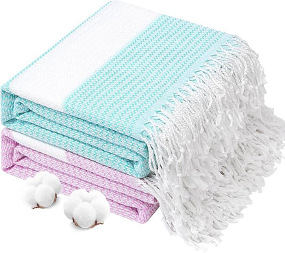 Genovega 2 Packs Oversized Turkish Beach Towels 74"x38" Thin Quick Dry Sand Free Pool Swim Bathing Towel Extra Large Blanket Adult Travel Essentials Accessories Summer Vacation LightGreen Purple Dot