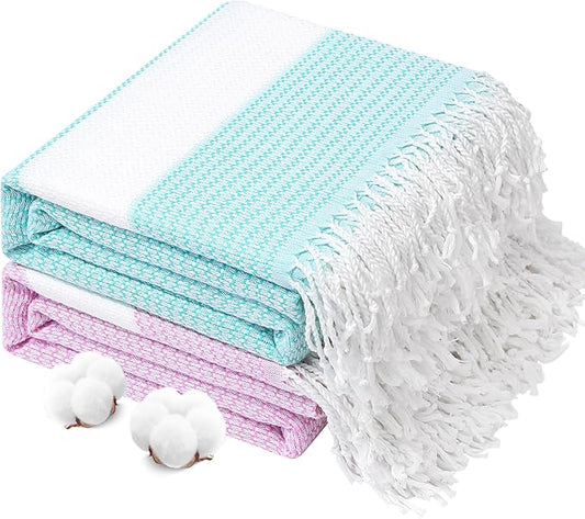 Genovega 2 Packs Oversized Turkish Beach Towels 74"x38" Thin Quick Dry Sand Free Pool Swim Bathing Towel Extra Large Blanket Adult Travel Essentials Accessories Summer Vacation LightGreen Purple Dot