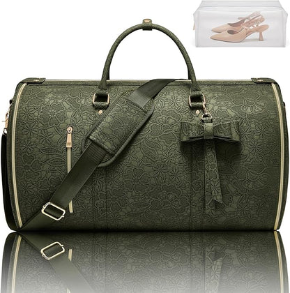 Garment Duffle Bag for Travel, 2-in-1 Foldable Carry On Garment Bag with Shoe Compartment & Toiletry Pocket, Convertible Weekender Bags for Women Business Travel, Vacation, Party, Deep Green