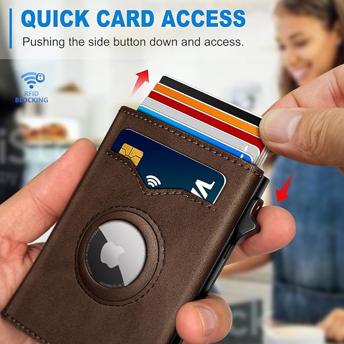 Airtag Wallet for Men,with Cash Pocket 2 ID Window 9-12 Cards,Metal Case Smart Slim Pop Up Credit Card Holder Flip with Magnetic Closure RFID Blocking Trifold wallet with Gift Box