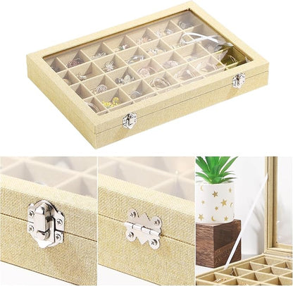 Coward Ring Earring Jewelry Organizer Box, 35 Grids Dustproof Display Holder Case, Yellow Linen Velvet Jewelry Bead Display Tray Case with Transparent Glass Lid for Momen Girls