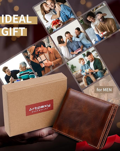 Mens Wallet Bifold Genuine Leather RFID Blocking Wallet for Men with 1 ID Windows 13 Card Holders 2 cash pockets 1 Gift Box