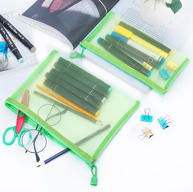 12 Pieces Zipper Nylon Mesh Pouch, Mesh Cosmetic Bags Makeup Bags Pencil Case, Multipurpose Travel Bags for Cosmetic School Office Supplies and Travel Accessories (Green, A5+B6)