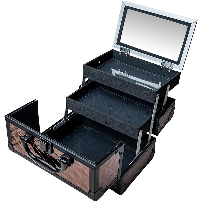 SHANY Chic Makeup Train Case Cosmetic Box Portable Makeup Case Cosmetics Beauty Organizer Jewelry storage with Locks, Multi trays Makeup Storage Box with Makeup Mirror - Copper