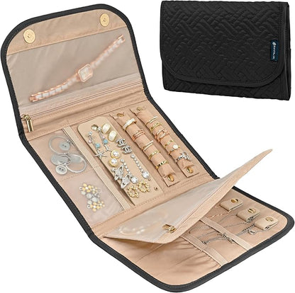 Pavilia Foldable Jewelry Organizer - Travel Roll Bag with Compartments for Earrings, Rings, Necklaces, Bracelets - Packing Accessory
