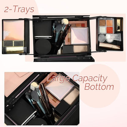 Makeup Train Case 2 Trays Makeup Box Organizer Portable Travel Makeup Case Lockable Makeup Storage Organizer Cosmetic Box for Jewelry Nail Tech Brushes Accessories Tool,Black Pink Pro