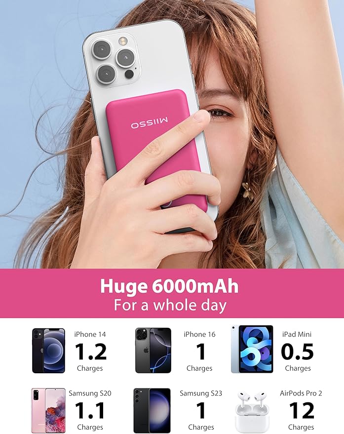 miisso 6000mah Ultra Slim Built in Cables Power Bank, Card Size Built in USB C Cords Battery Pack Portable Charger for Phones, 3 Output External Battery Pack Compatible with iPhone, Plum Red