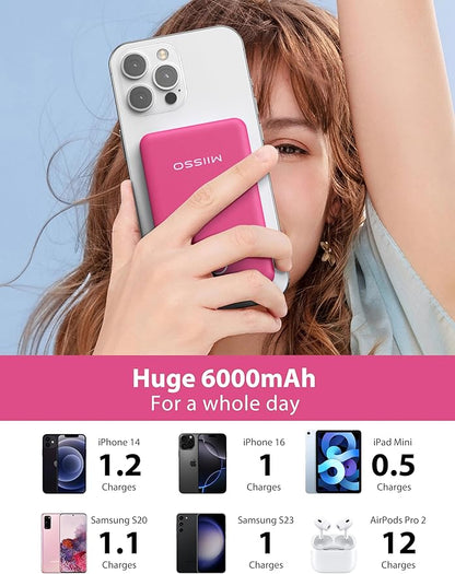 miisso 6000mah Ultra Slim Built in Cables Power Bank, Card Size Built in USB C Cords Battery Pack Portable Charger for Phones, 3 Output External Battery Pack Compatible with iPhone, Plum Red