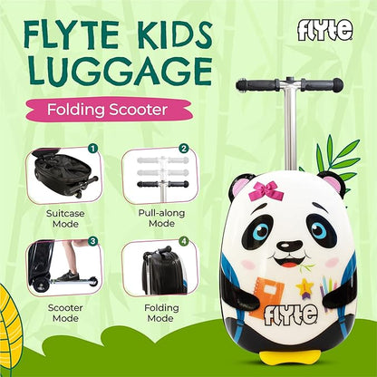 FLYTE Scooter Suitcase Folding Kids Luggage – Penni the Panda, 18 Inch Hardshell, Ride On with Wheels, 2-in-1, 25 Litre Capacity