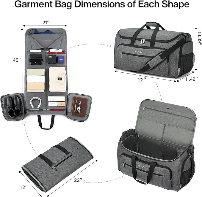 MILADA Convertible 2-in-1 Garment Duffel Weekender Bag Carry On Garment Bags for Travel Hanging Clothes Suit Bag Foldable Personal Item Business Overnight Bag with Shoe Compartment, Dark Grey