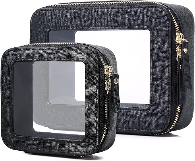 Pinkmik Clear Makeup Bag Waterproof Travel Case for Cosmetics and Toiletries Women's Purse Organizer and Clear Car Bag with Zipper (Black, M+MINI)