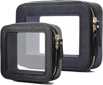 Pinkmik Clear Makeup Bag Waterproof Travel Case for Cosmetics and Toiletries Women's Purse Organizer and Clear Car Bag with Zipper (Black, M+MINI)
