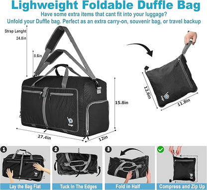 Bago Large Foldable Duffel Bags for Traveling Women & Men - 80L Packable Duffle Bag for Travel with Shoe Compartment - Water Repellant, Heavy Duty, Lightweight Folding & Collapsible (Black)