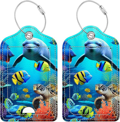 Funny PU Leather Luggage Tags 2-Pack Ocean Dolphin Sea Fish Coral Cute Pattern Suitable for Suitcase Stainless Steel Loop and Address Card Essential for Cruise and Airport Travel for Men and Women