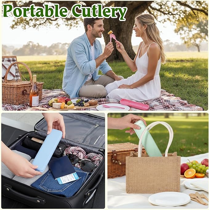 32 Sets Reusable Travel Utensils Set with Case, Portable Natural Wheat Straw Fork Spoons Knife Camping Cutlery, Lunch Box Tableware for Travel Picnic Camping Utensils, 8 colors