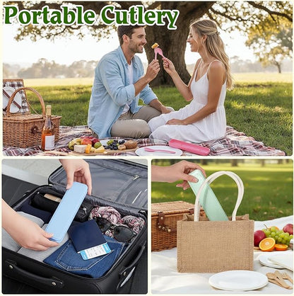 32 Sets Reusable Travel Utensils Set with Case, Portable Natural Wheat Straw Fork Spoons Knife Camping Cutlery, Lunch Box Tableware for Travel Picnic Camping Utensils, 8 colors