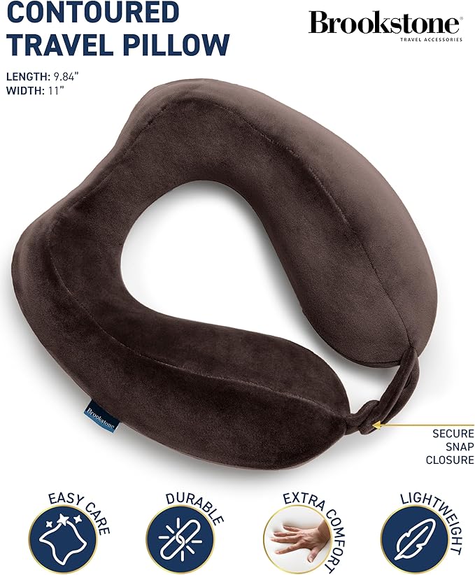 Brookstone Neck Travel Pillow - Lightweight Contoured Memory Foam Stuffable Travel Neck Pillow for Sleeping, Car, & Airplane, Size One Size, Velvet Brown