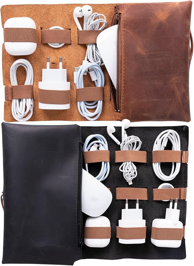 HARDISTON Custom Genuine Leather Electronic Cable Organizer Bag Handmade Travel Cord Organizer Roll Case for Hard Drives, Cables, Charger, Phone, USB, SD Card