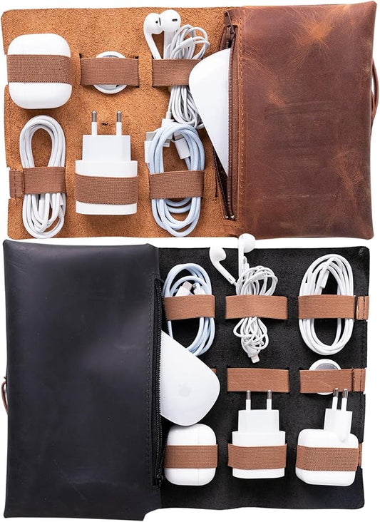 HARDISTON Custom Genuine Leather Electronic Cable Organizer Bag Handmade Travel Cord Organizer Roll Case for Hard Drives, Cables, Charger, Phone, USB, SD Card