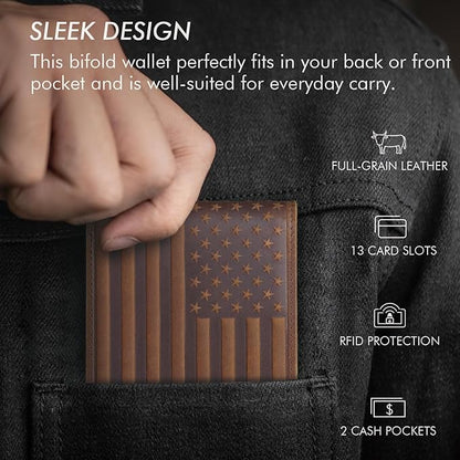 Full Grain Leather Wallet for Men, RFID Blocking, Mens Wallet Bifold with 2 ID Windows, Billfold with 13 Card Slots, Leather Gift for Men, American Flag Wallet Dark Brown