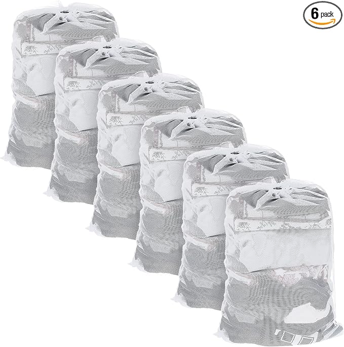 6 Pack Mesh Drawstring Laundry Bag 24" X 36" Mesh Laundry Bags Large for Washing Machine, Sturdy White Net Laundrys Bag for Factory, University, Dormitory, Travel and Apartment Dweller