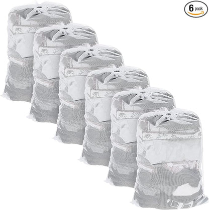 6 Pack Mesh Drawstring Laundry Bag 24" X 36" Mesh Laundry Bags Large for Washing Machine, Sturdy White Net Laundrys Bag for Factory, University, Dormitory, Travel and Apartment Dweller
