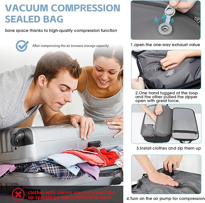 Vacuum Compression Backpack for Travel, 47L Expandable Backpack with Pump, 17 inch Laptop Backpack Luggage Flight Approved with Vacuum Compression System