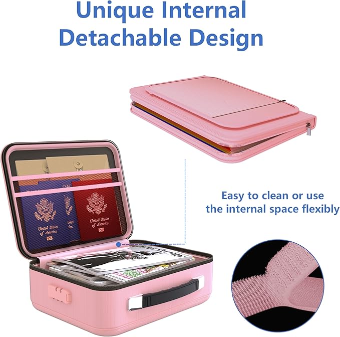 TIGERKING Fireproof Document Box Hard Case with Water-Resistant Zipper, Fireproof File Box with Lock, Document Safe Boxs for Important Documents, Certificates - Pink File Organizer
