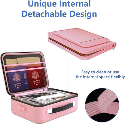 TIGERKING Fireproof Document Box Hard Case with Water-Resistant Zipper, Fireproof File Box with Lock, Document Safe Boxs for Important Documents, Certificates - Pink File Organizer