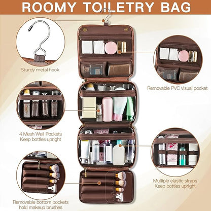 Elviros Hanging Toiletry Bag Removable Travel Bag PU leather Makeup Cosmetic Organizer Kit, Dark Brown