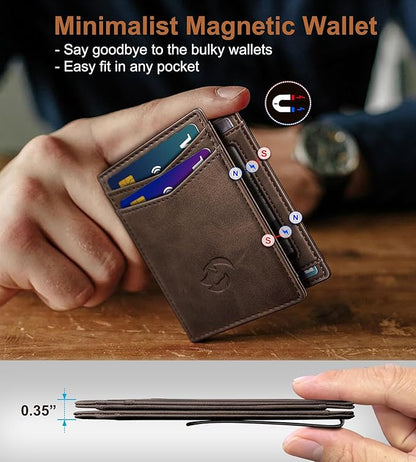 Magnetic Closure Slim Wallet with Money Clip Gift Boxed,Genuine Leather Front Pocket Wallet for Men, 3.9"x 2.11", RFID Blocking