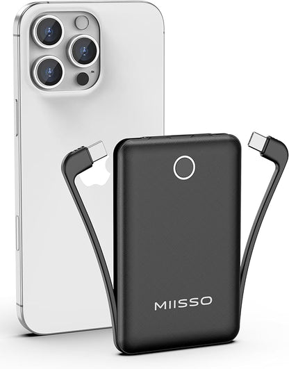 miisso 10000mAh Compatible with iPhone 15/16/17 and Android, Slim Portable Charger with Built in Cable, Power Bank Travel Charger External Battery Pack for Phone, 3 Output USB Type C Cord, Black