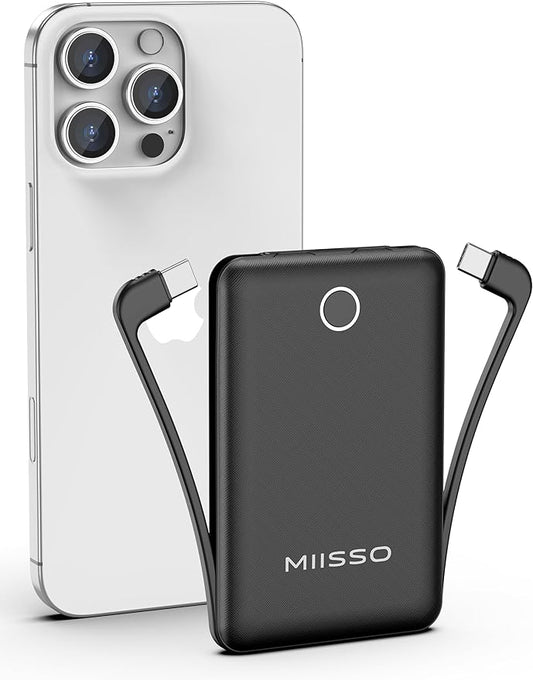 miisso 10000mAh Compatible with iPhone 15/16/17 and Android, Slim Portable Charger with Built in Cable, Power Bank Travel Charger External Battery Pack for Phone, 3 Output USB Type C Cord, Black