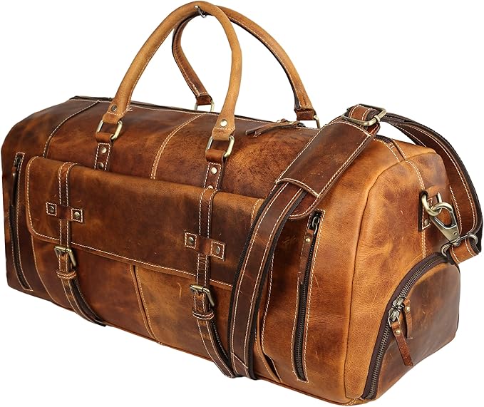 KomalC Leather Duffel Bags for Men and Women Full Grain Leather Travel Overnight Weekend Leather Bags Sports Gym Duffel for Men (Distressed Tan, 28 Inch)