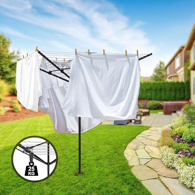 Umbrella Clothesline Outdoor, Rotary Retractable Clothes Line Outdoors Adjustable Height Drying Rack Clothing 4 Arms 12 Lines with 165 Feet Heavy Duty Outdoor Clothesline for Backyard