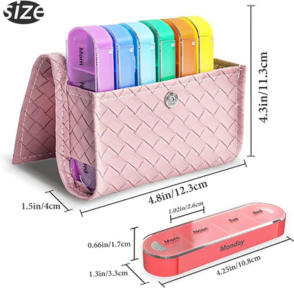 Pill Organizer,LIZIMANDU Weekly Travel Pill Case Box Medication Reminder Daily AM PM, Day Night 7 Compartments,for 4 Times A Day, 7 Days a Week-Includes Leather PU Carrying Case (1-Weave Purple)